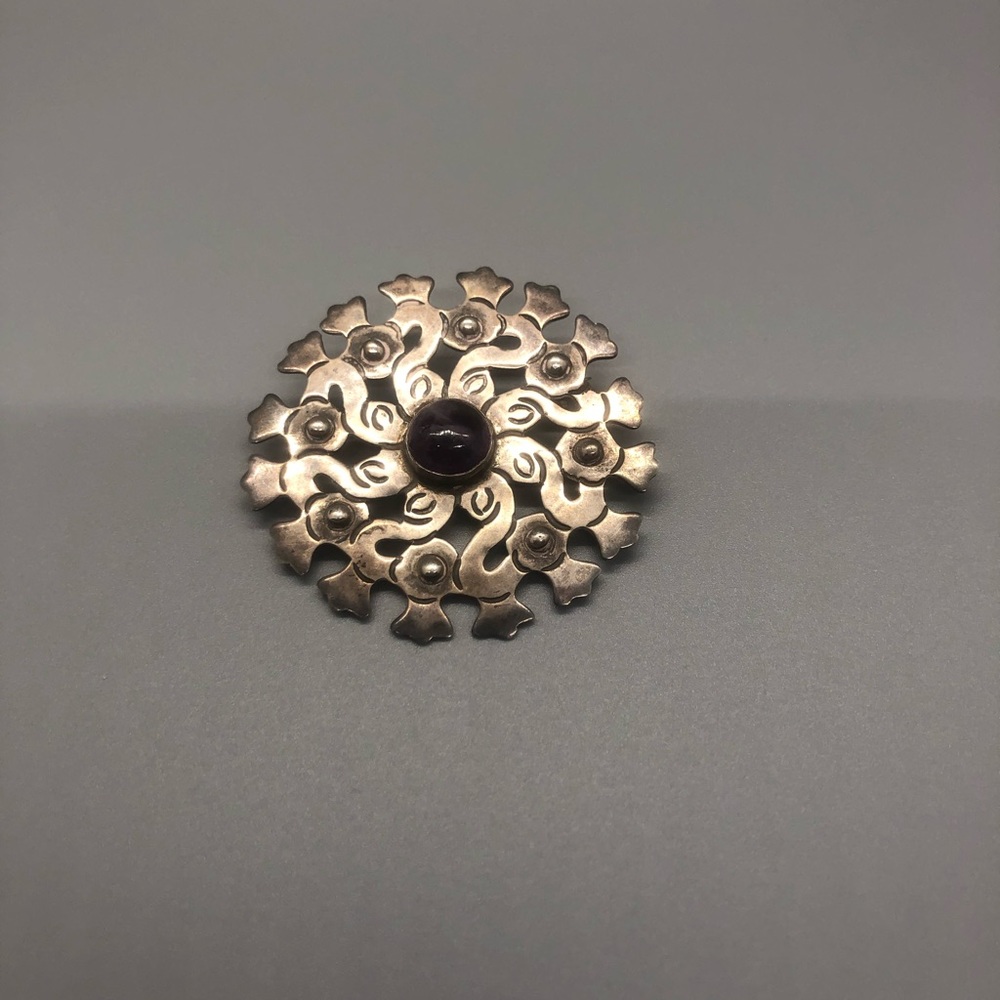 Amethyst Cab and Taxco Silver Brooch Pin